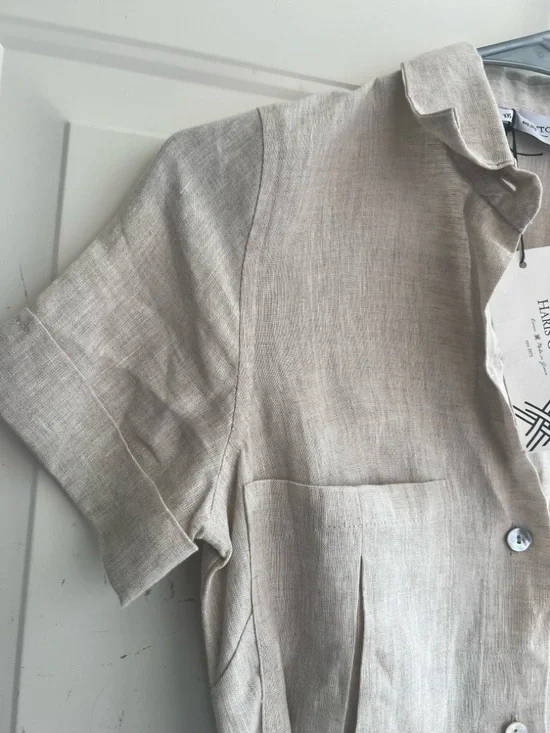 NWT Hiris Cotton Button-Front Short Sleeve Linen Midi Dress in Natural Beige - Picture 7 of 15